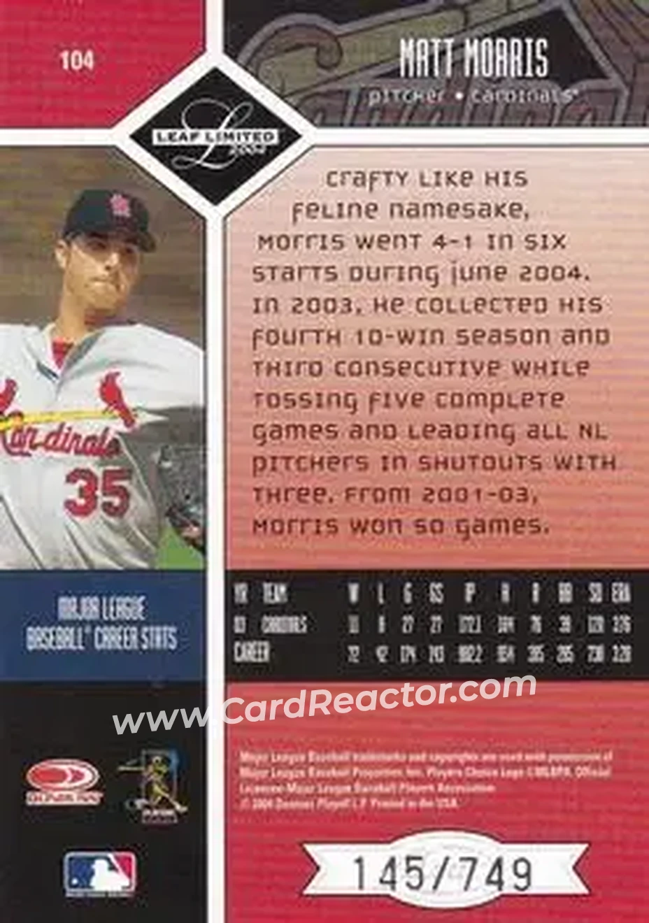 2004 Leaf Limited #104 - Matt Morris - St. Louis Cardinals - Back