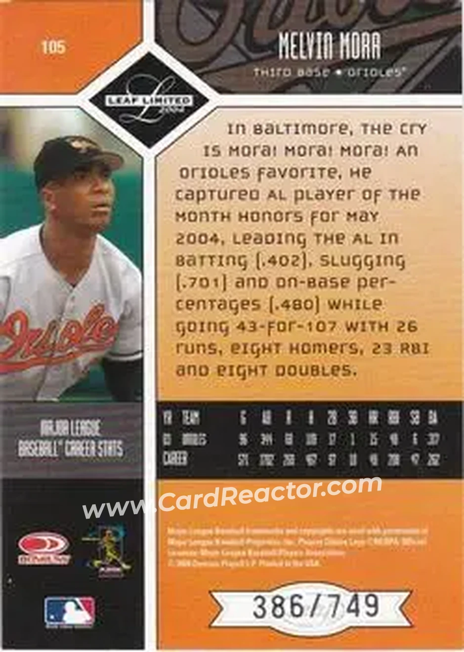 2004 Leaf Limited #105 - Melvin Mora - Baltimore Orioles - Back