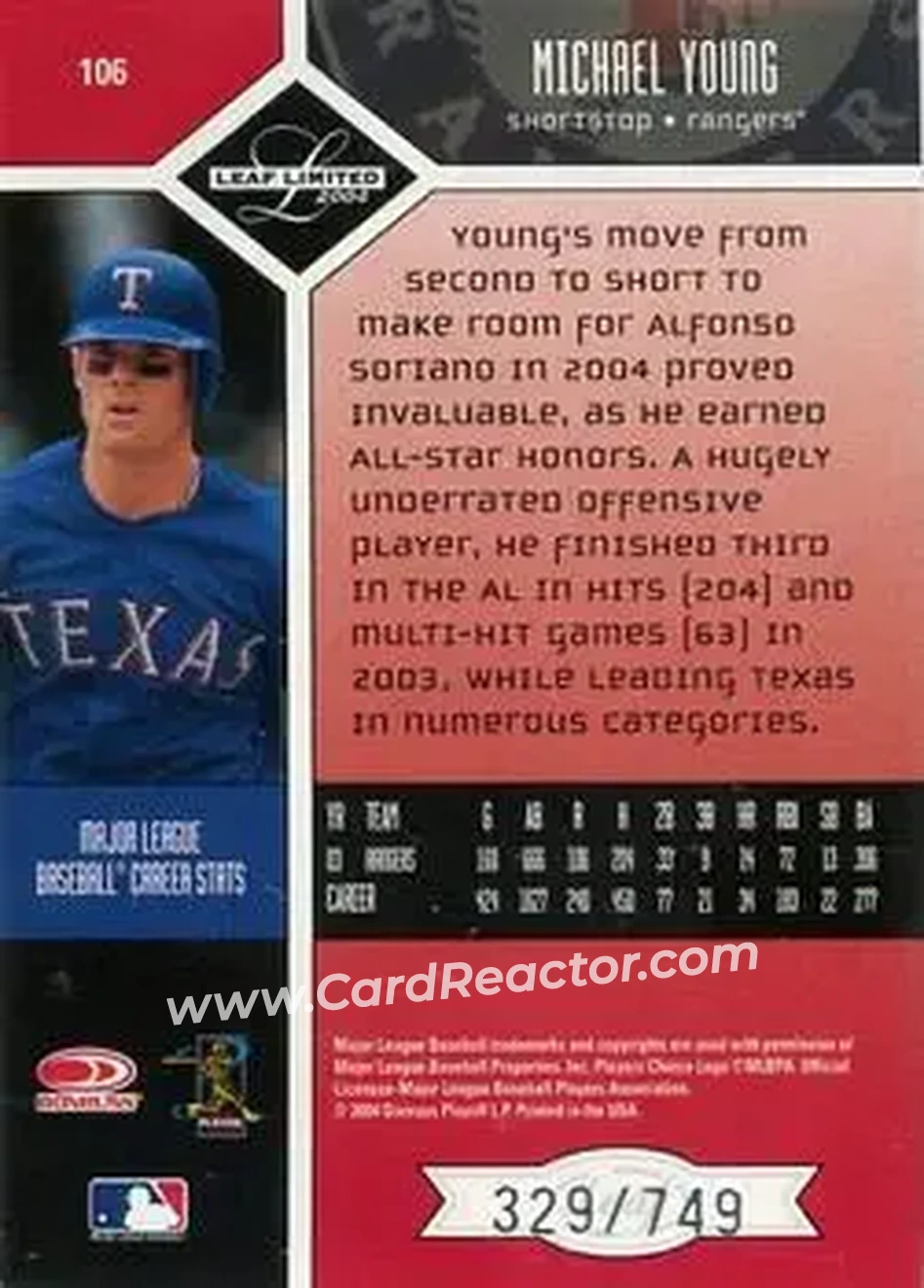2004 Leaf Limited #106 - Michael Young - Texas Rangers - Back