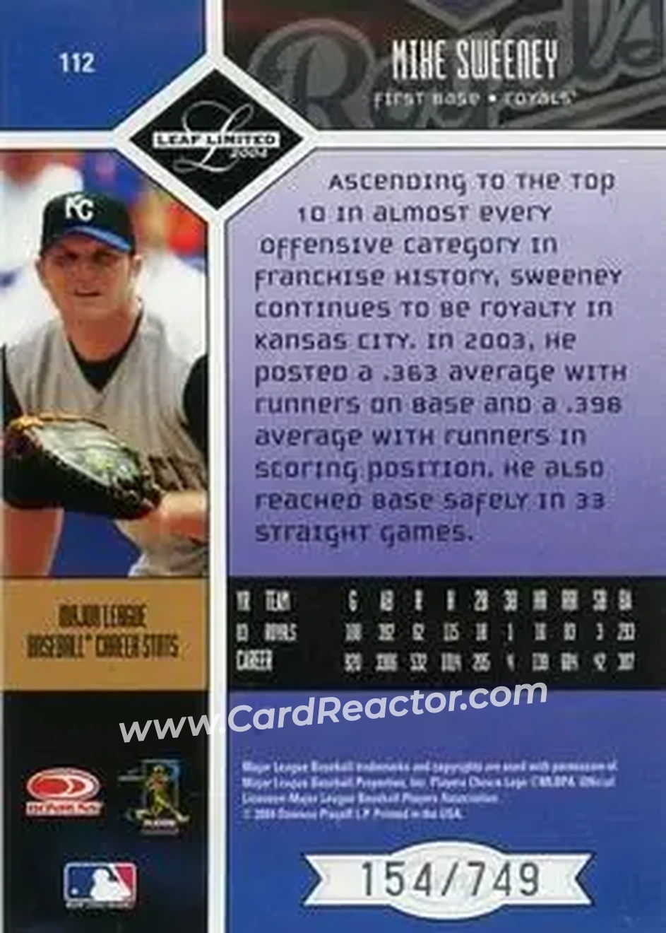 2004 Leaf Limited #112 - Mike Sweeney - Kansas City Royals - Back