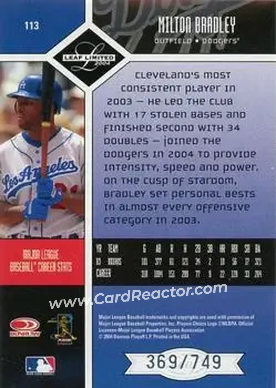 2004 Leaf Limited #113 - Milton Bradley - Los Angeles Dodgers - Back 2004 Leaf Limited #113 - Milton Bradley - Los Angeles Dodgers - Back