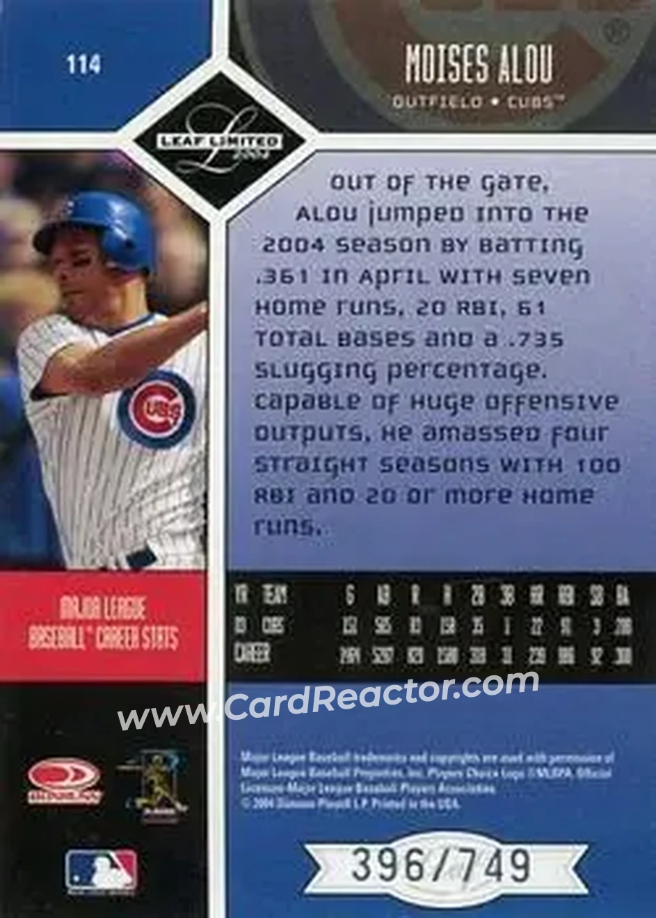 2004 Leaf Limited #114 - Moises Alou - Chicago Cubs - Back 2004 Leaf Limited #114 - Moises Alou - Chicago Cubs - Back