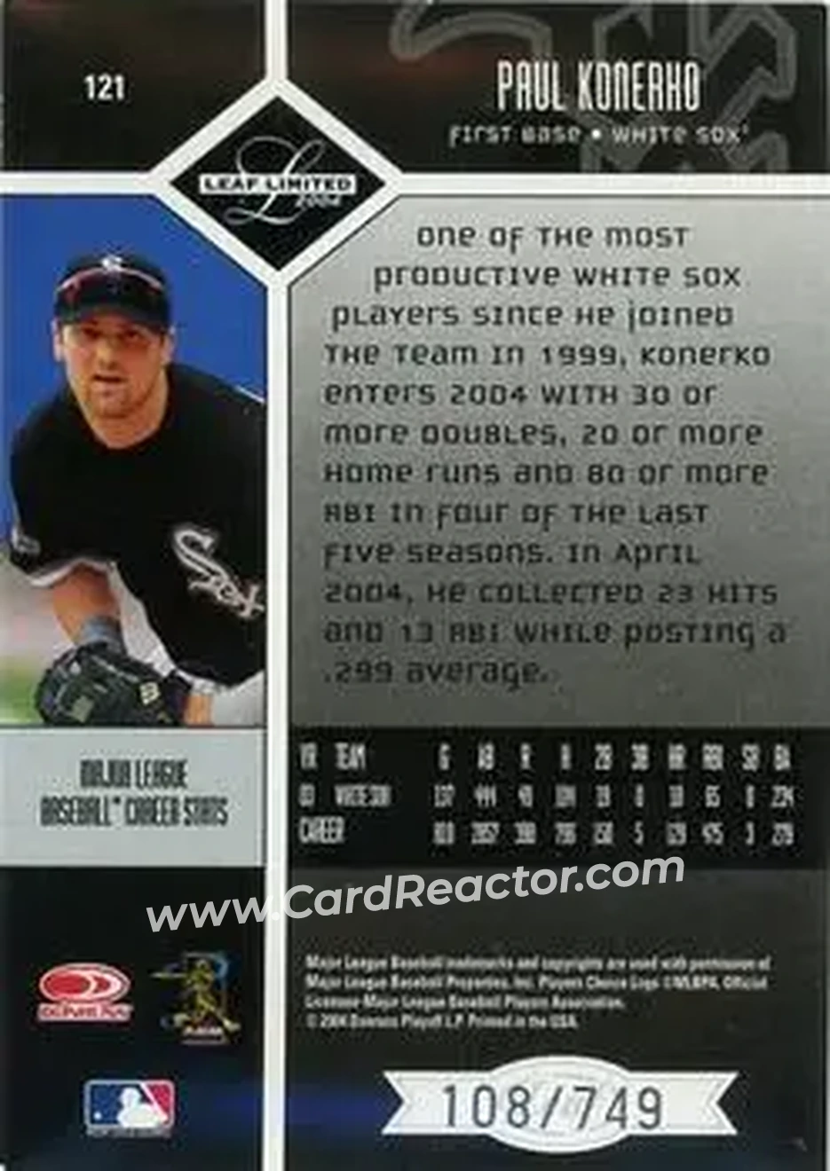 2004 Leaf Limited #121 - Paul Konerko - Chicago White Sox - Back 2004 Leaf Limited #121 - Paul Konerko - Chicago White Sox - Back