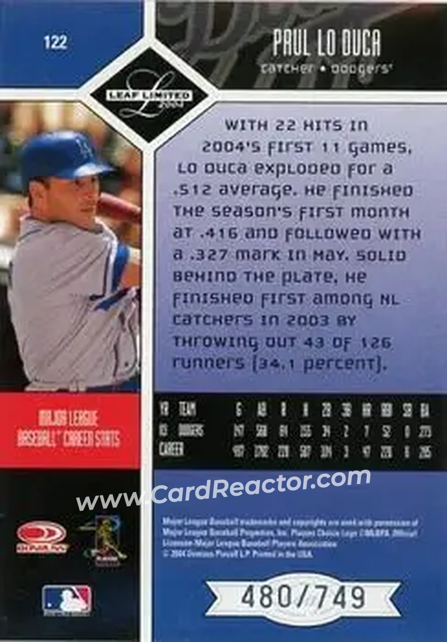 2004 Leaf Limited #122 - Paul Lo Duca - Los Angeles Dodgers - Back