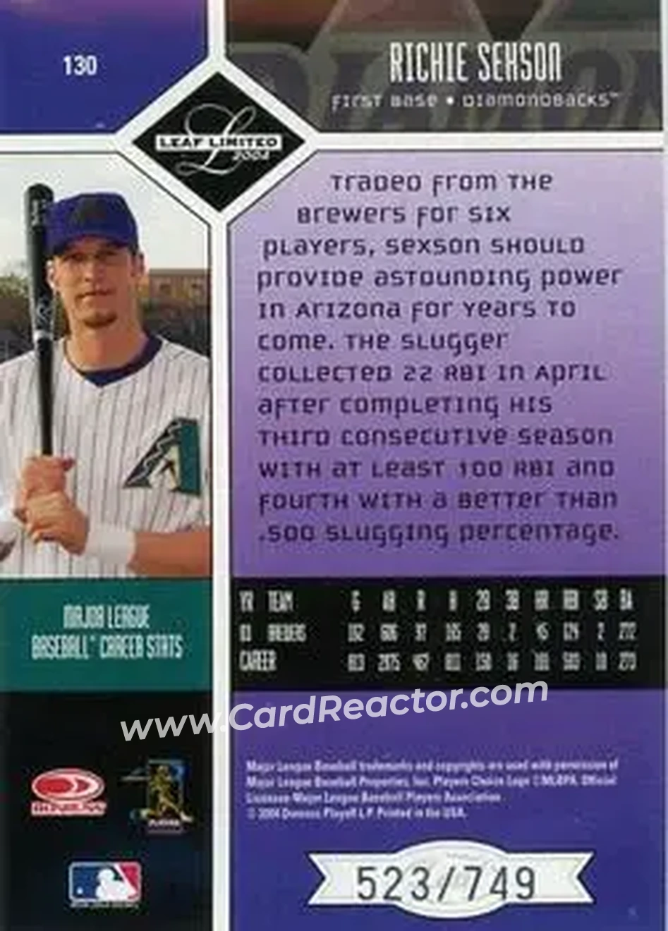 2004 Leaf Limited #130 - Richie Sexson - Arizona Diamondbacks - Back