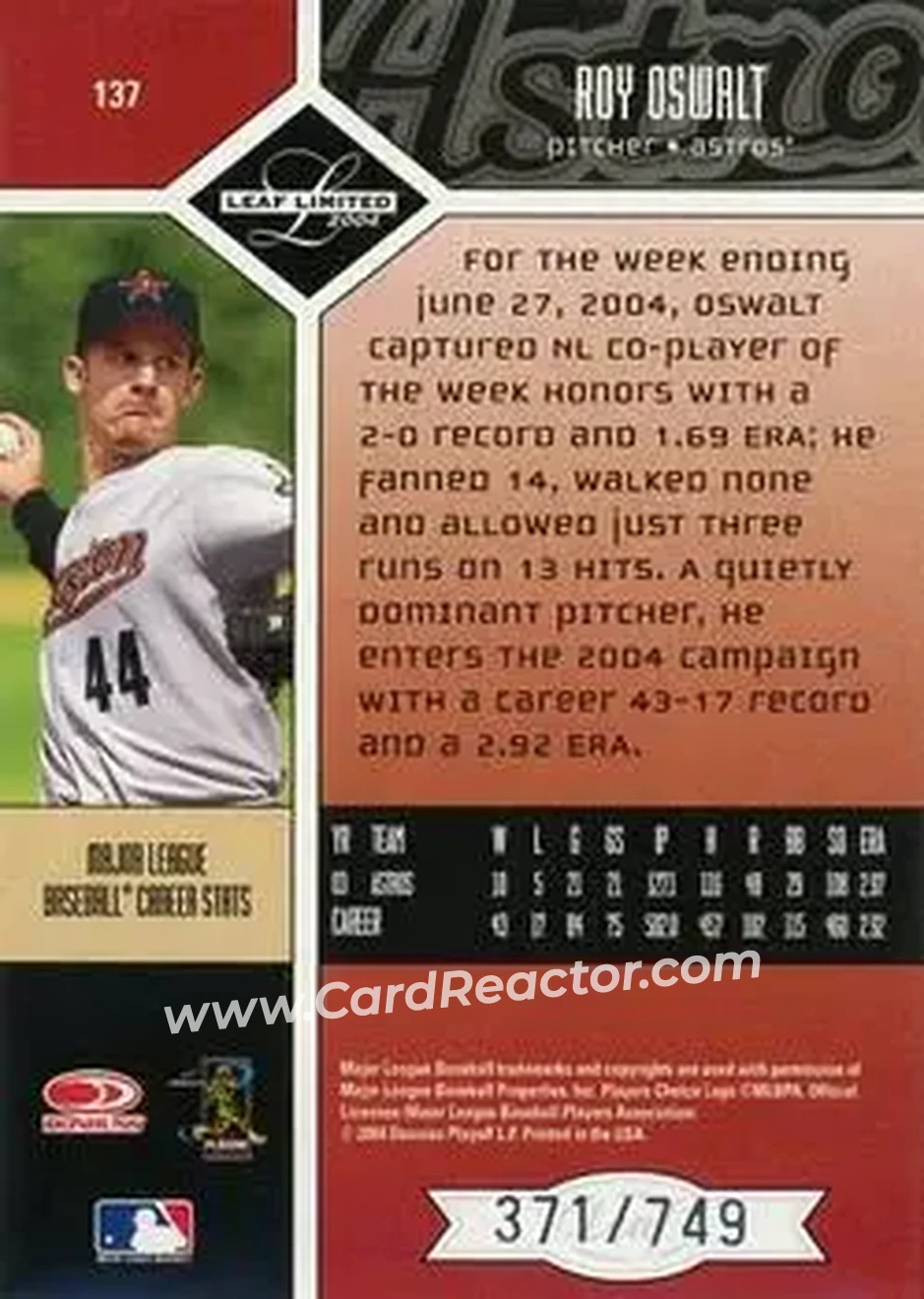 2004 Leaf Limited #137 - Roy Oswalt - Houston Astros - Back