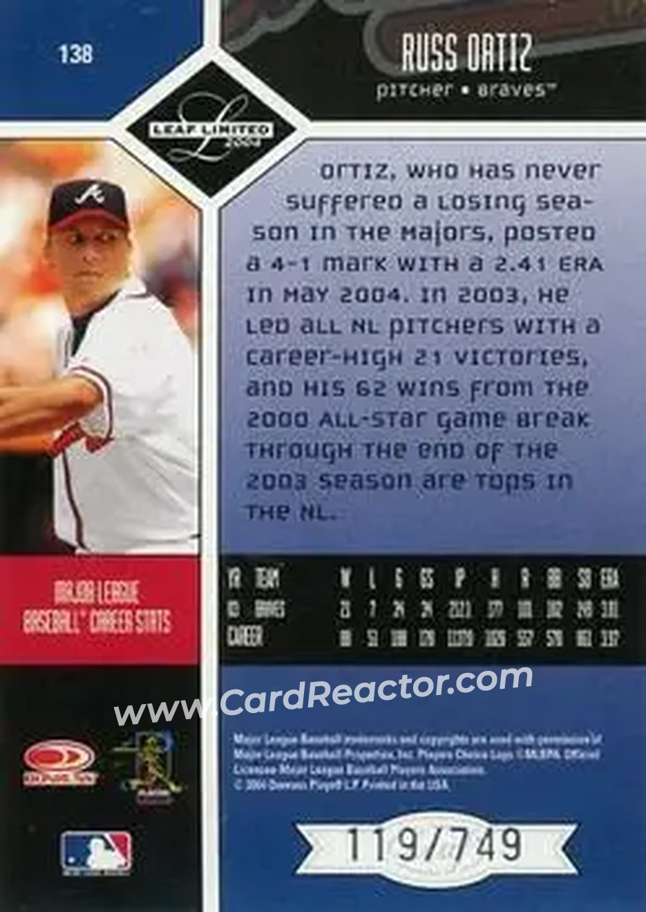 2004 Leaf Limited #138 - Russ Ortiz - Atlanta Braves - Back
