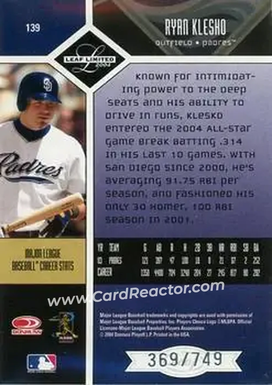 2004 Leaf Limited #139 - Ryan Klesko - San Diego Padres - Back 2004 Leaf Limited #139 - Ryan Klesko - San Diego Padres - Back