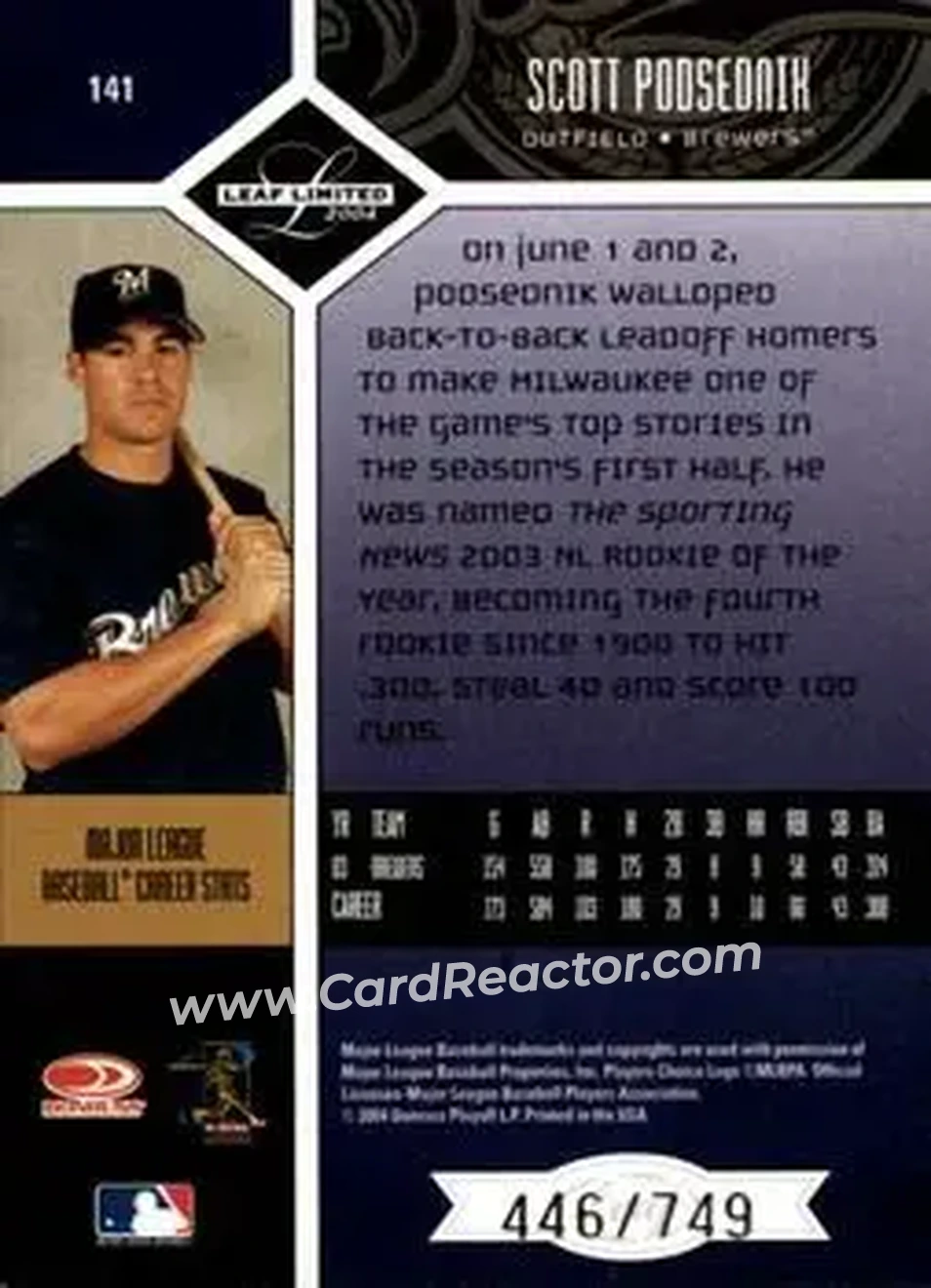 2004 Leaf Limited #141 - Scott Podsednik - Milwaukee Brewers - Back