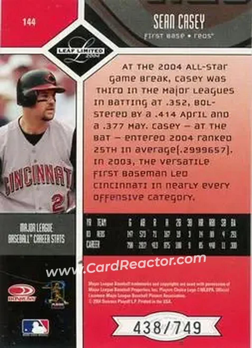 2004 Leaf Limited #144 - Sean Casey - Cincinnati Reds - Back