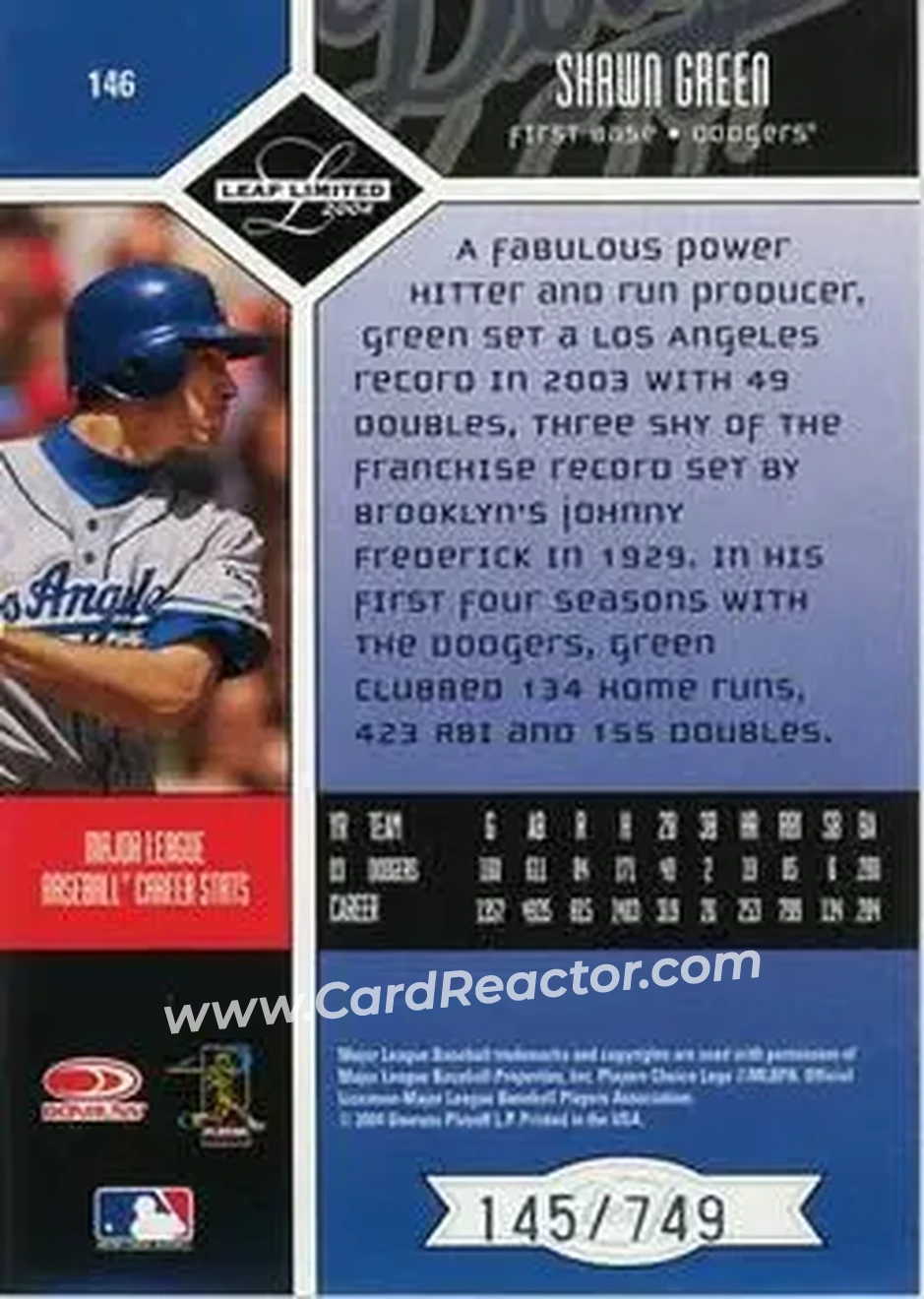 2004 Leaf Limited #146 - Shawn Green - Los Angeles Dodgers - Back 2004 Leaf Limited #146 - Shawn Green - Los Angeles Dodgers - Back