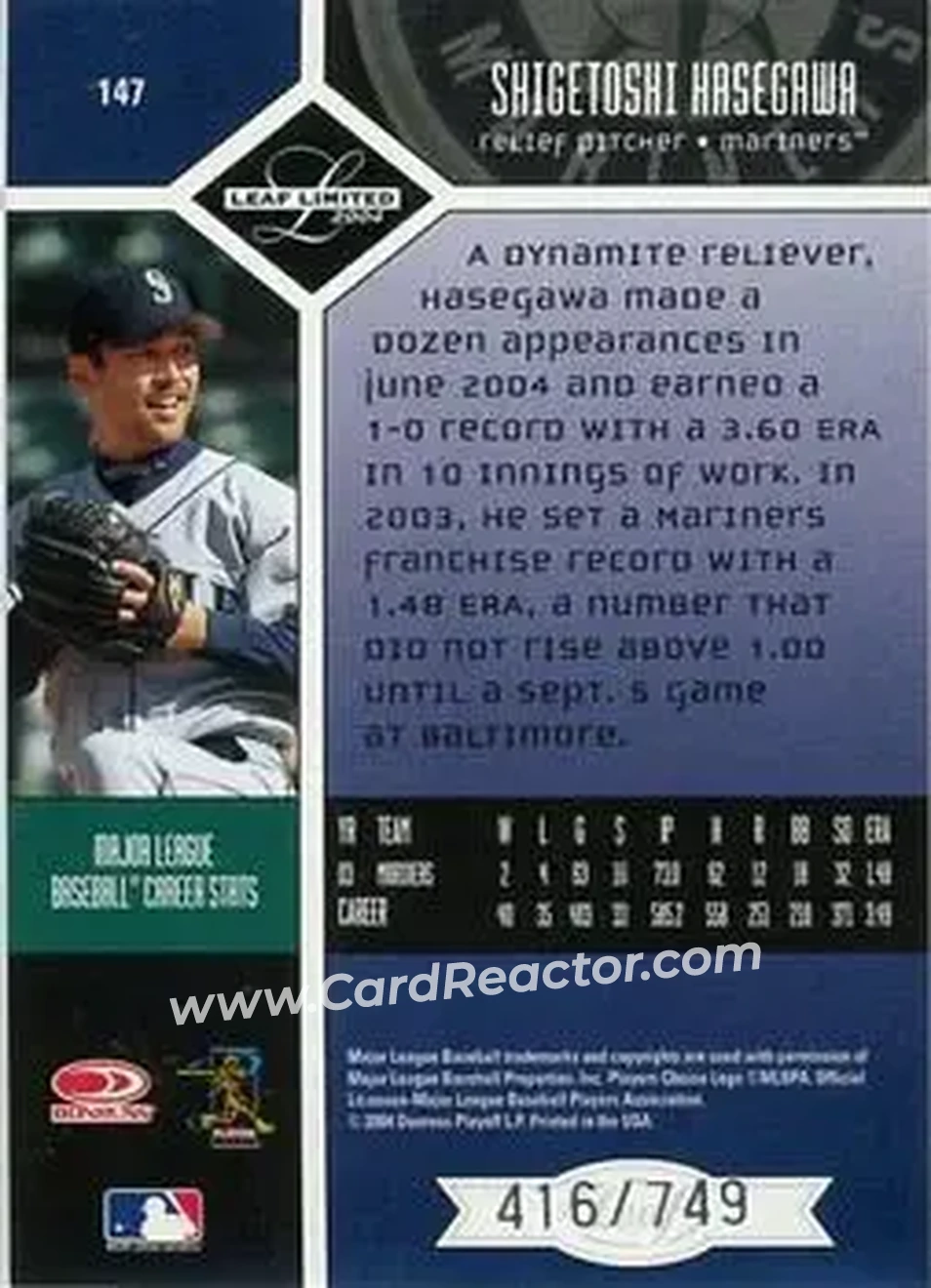 2004 Leaf Limited #147 - Shigetoshi Hasegawa - Seattle Mariners - Back