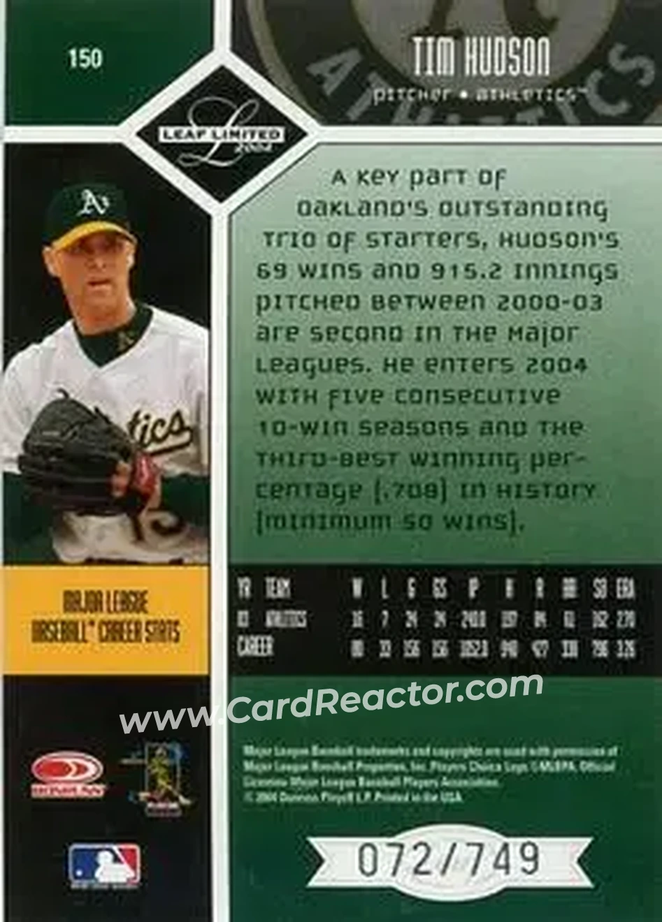 2004 Leaf Limited #150 - Tim Hudson - Oakland Athletics - Back