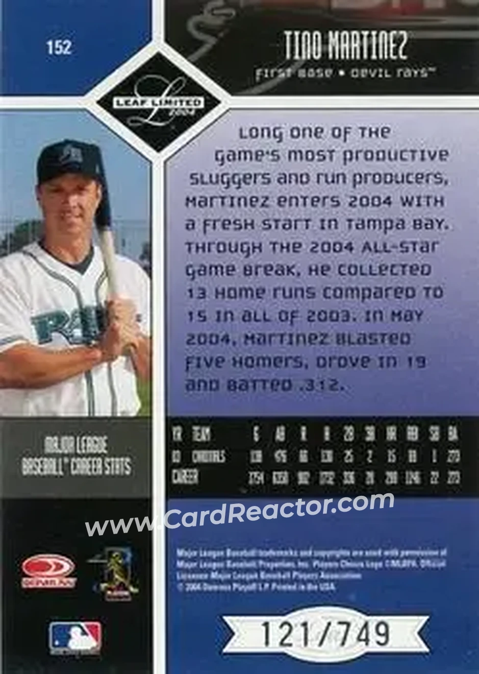 2004 Leaf Limited #152 - Tino Martinez - Tampa Bay Devil Rays - Back