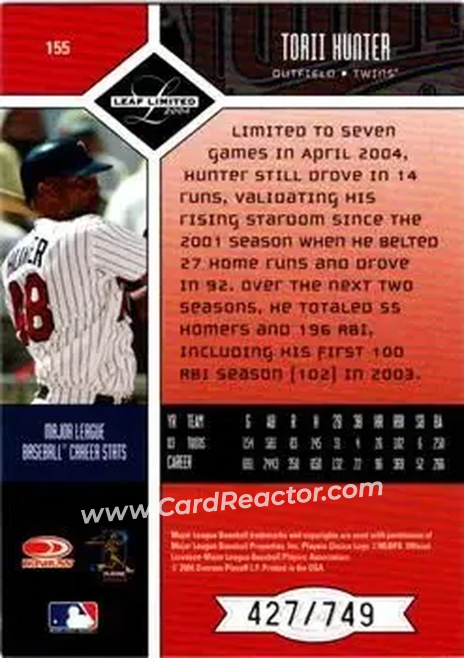 2004 Leaf Limited #155 - Torii Hunter - Minnesota Twins - Back 2004 Leaf Limited #155 - Torii Hunter - Minnesota Twins - Back