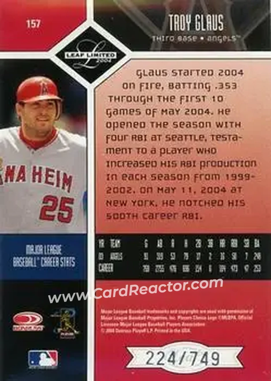 2004 Leaf Limited #157 - Troy Glaus - Anaheim Angels - Back