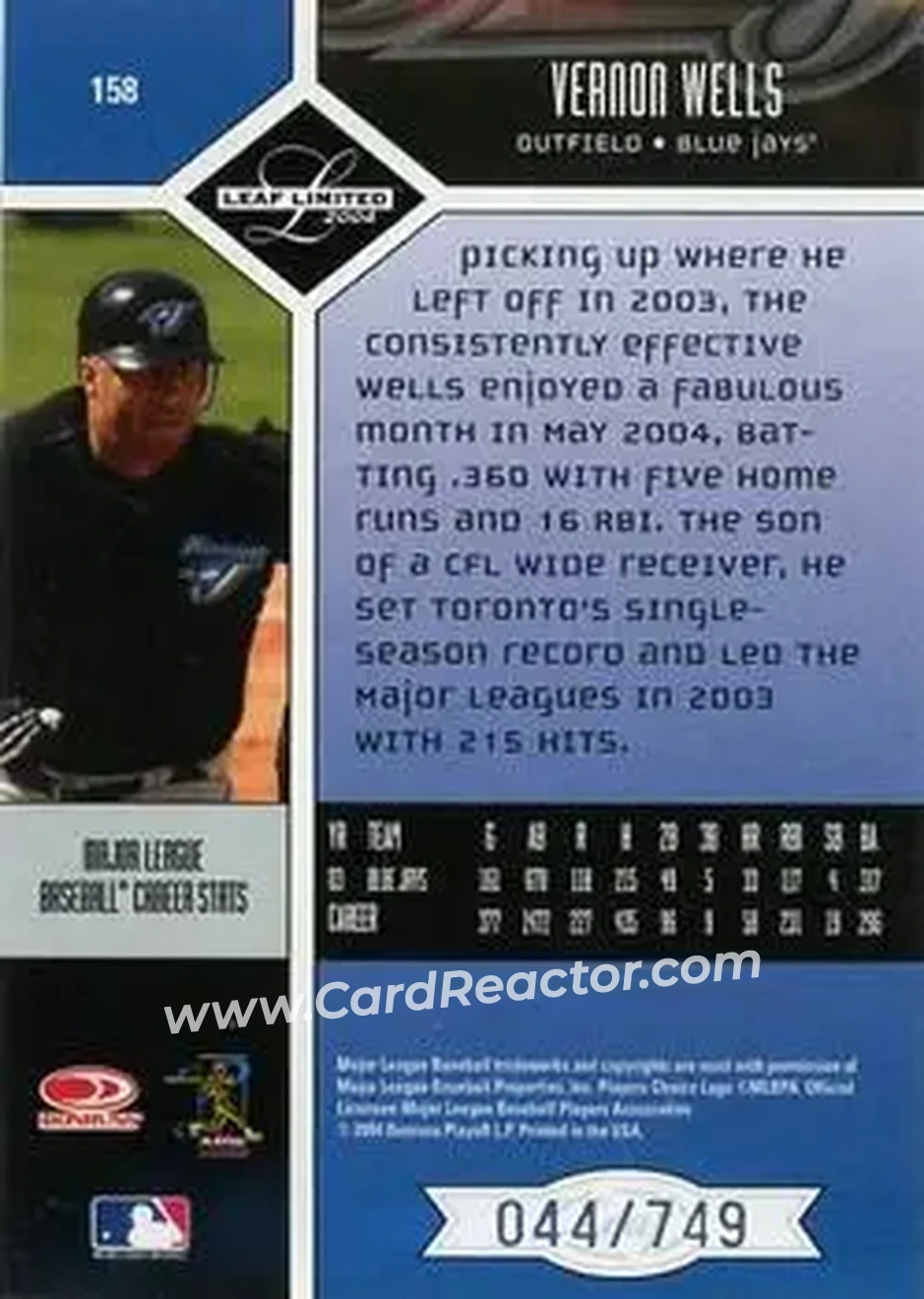 2004 Leaf Limited #158 - Vernon Wells - Toronto Blue Jays - Back