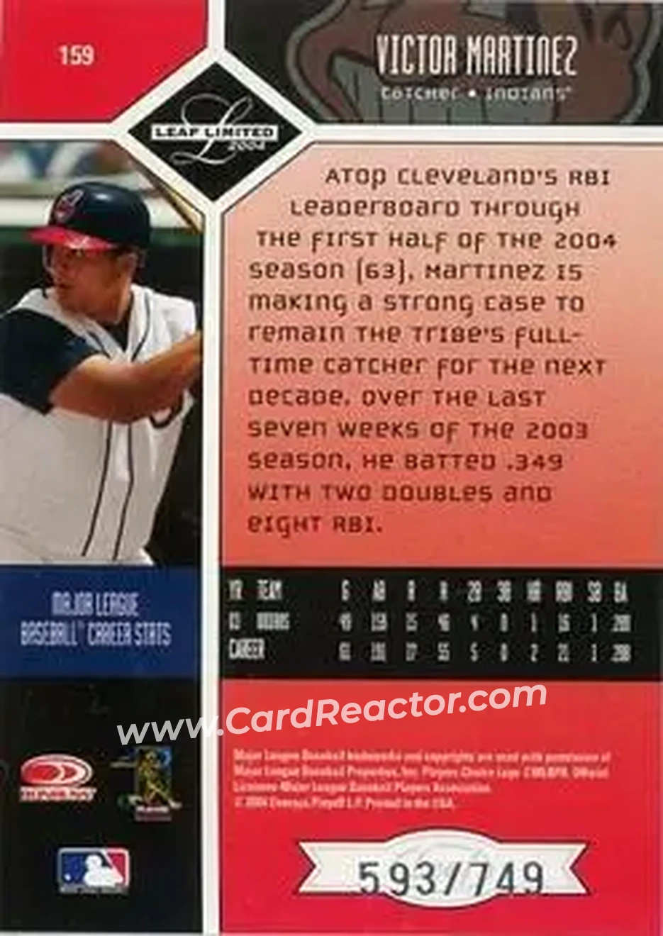 2004 Leaf Limited #159 - Victor Martinez - Cleveland Indians - Back