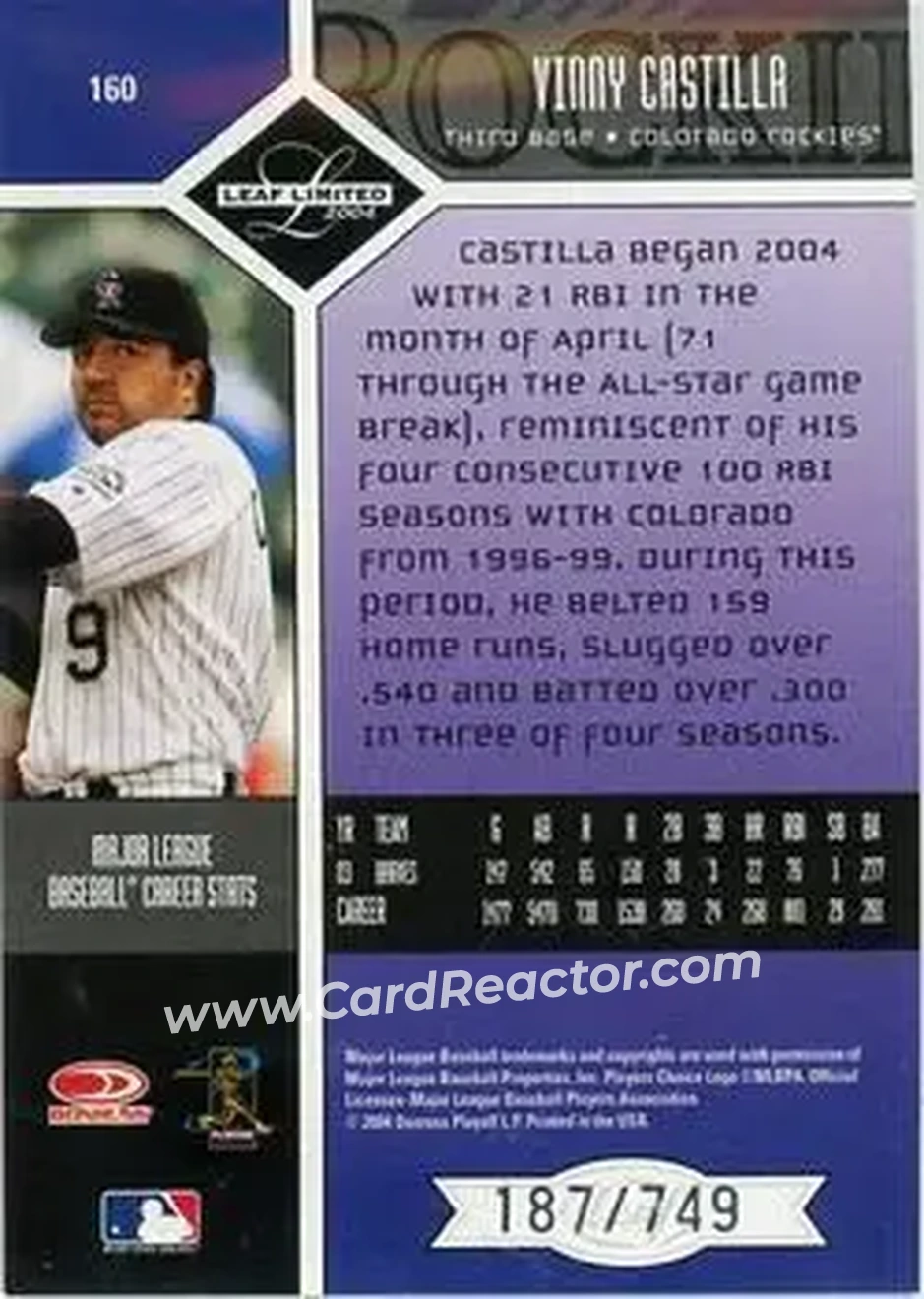 2004 Leaf Limited #160 - Vinny Castilla - Colorado Rockies - Back