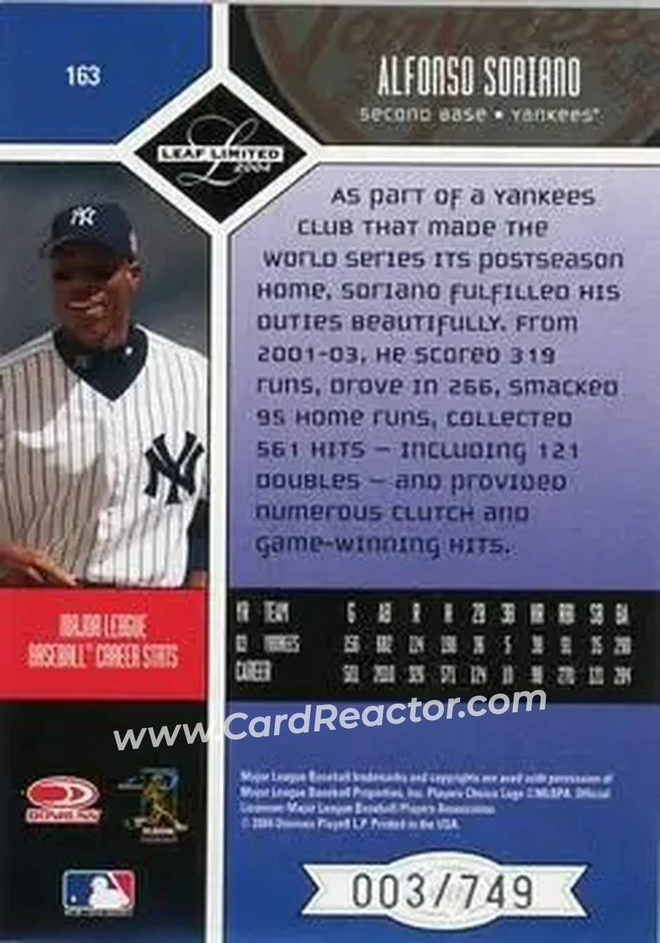 2004 Leaf Limited #163 - Alfonso Soriano - New York Yankees - Back