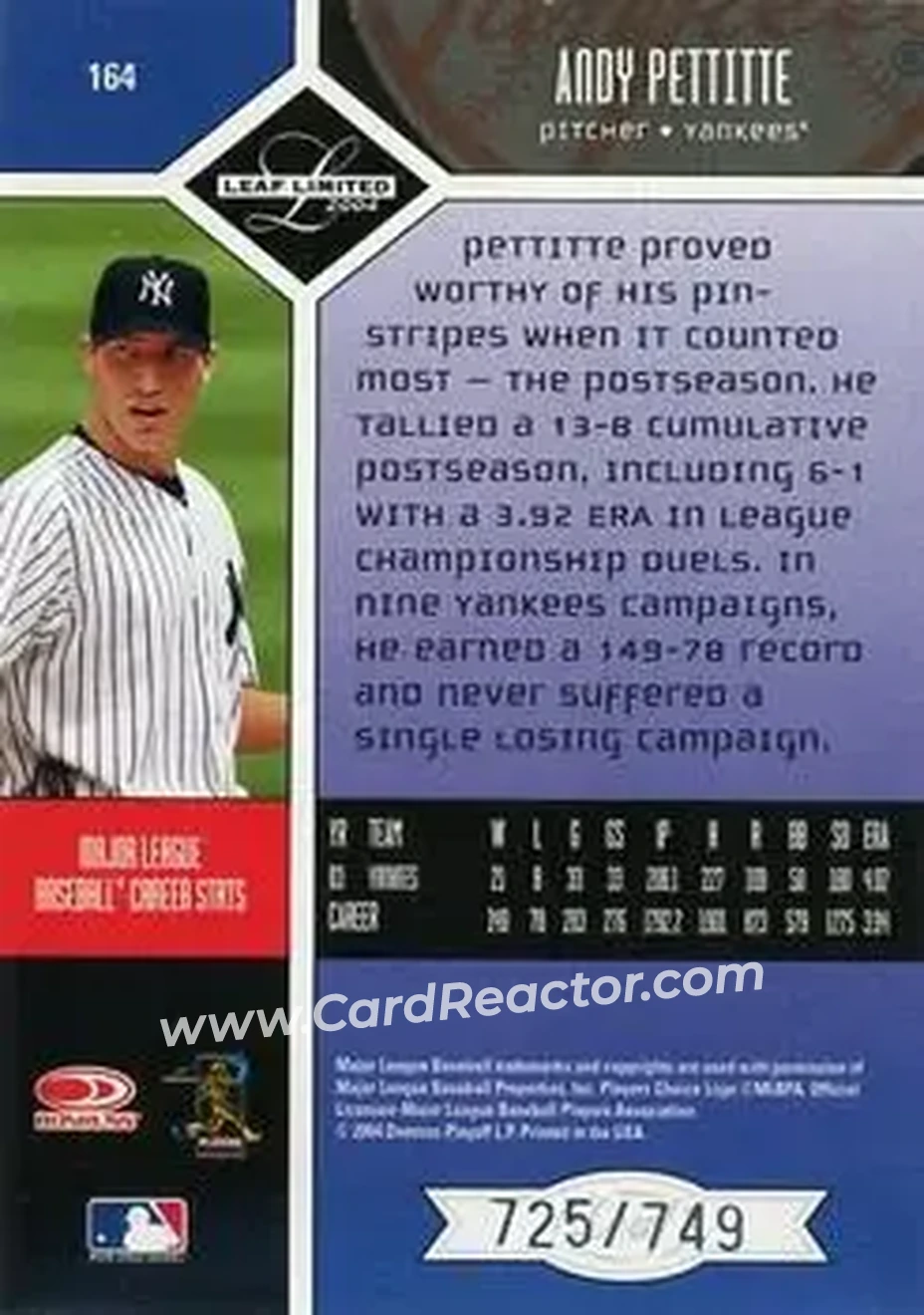 2004 Leaf Limited #164 - Andy Pettitte - New York Yankees - Back