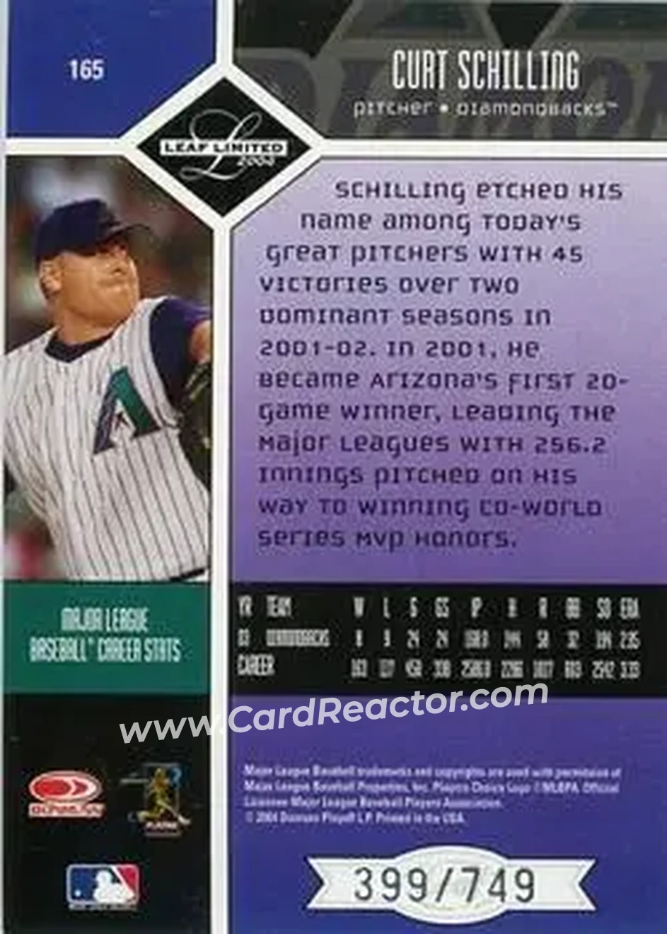 2004 Leaf Limited #165 - Curt Schilling - Arizona Diamondbacks - Back 2004 Leaf Limited #165 - Curt Schilling - Arizona Diamondbacks - Back