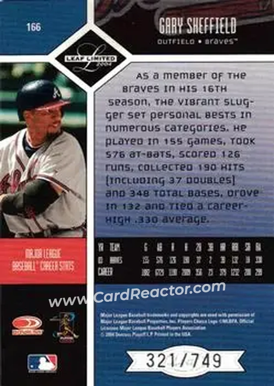 2004 Leaf Limited #166 - Gary Sheffield - Atlanta Braves - Back