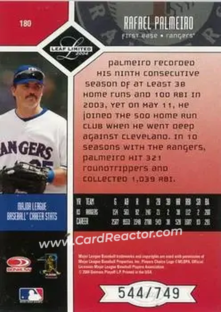 2004 Leaf Limited #180 - Rafael Palmeiro - Texas Rangers - Back