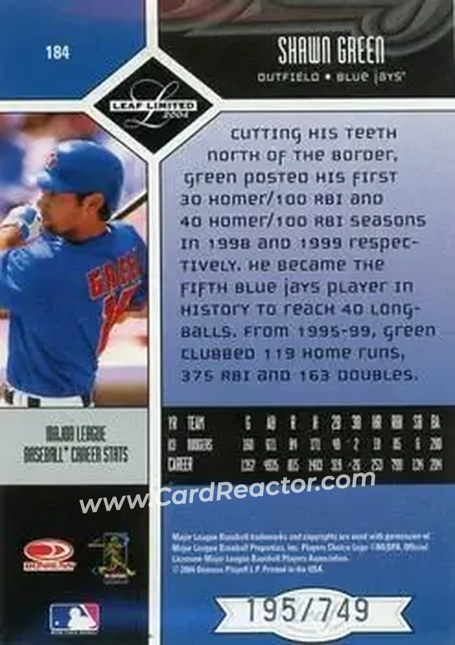 2004 Leaf Limited #184 - Shawn Green - Toronto Blue Jays - Back