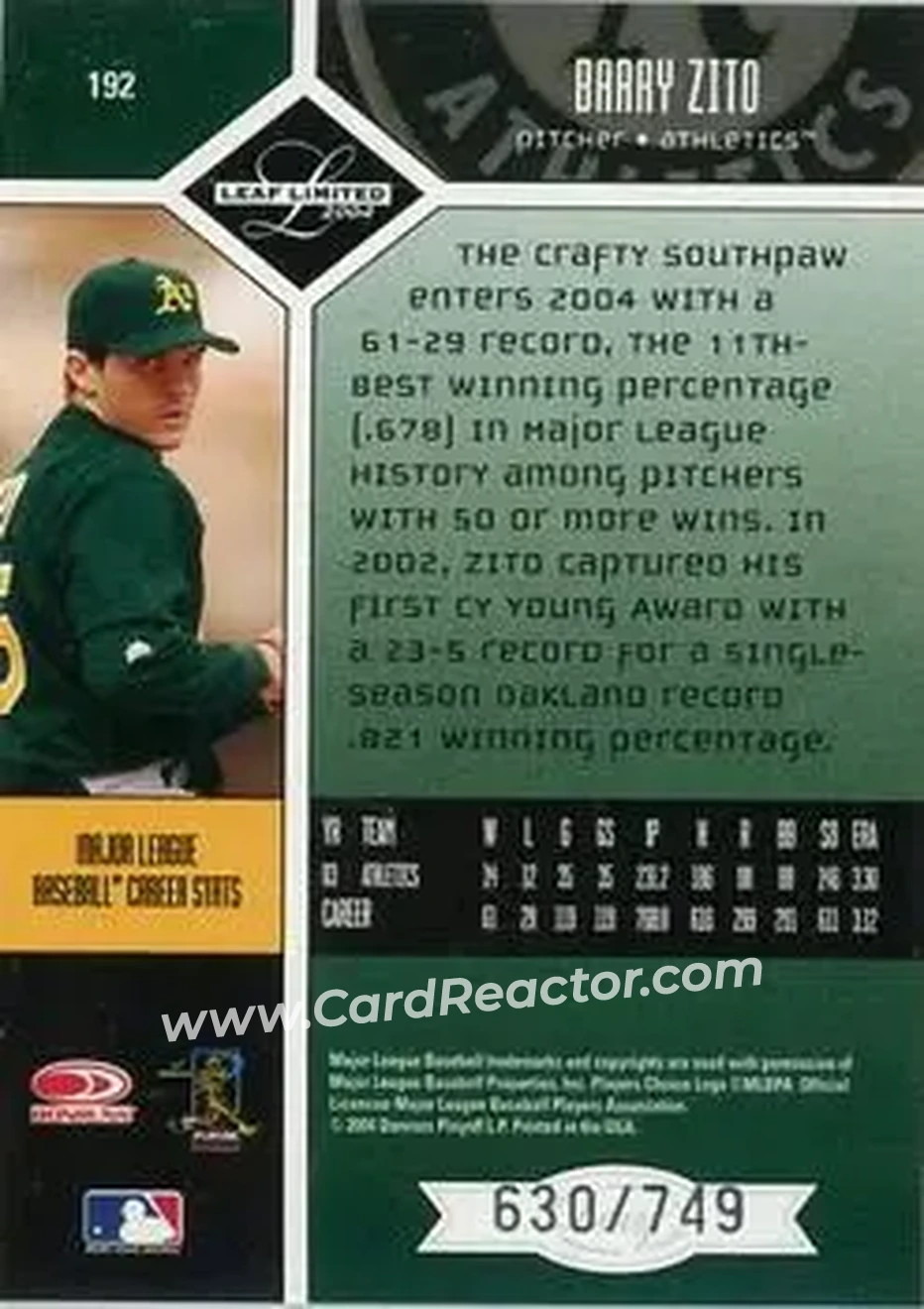 2004 Leaf Limited #192 - Barry Zito - Oakland Athletics - Back