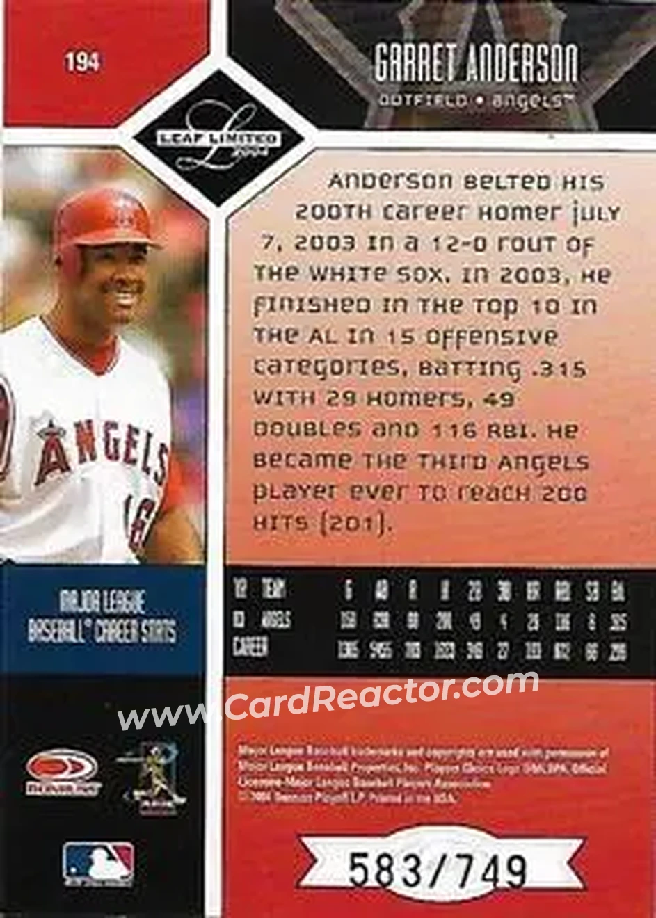 2004 Leaf Limited #194 - Garret Anderson - Anaheim Angels - Back