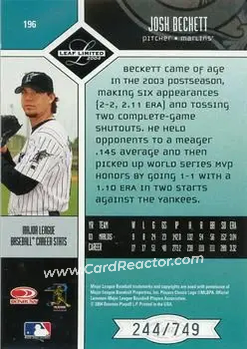 2004 Leaf Limited #196 - Josh Beckett - Florida Marlins - Back