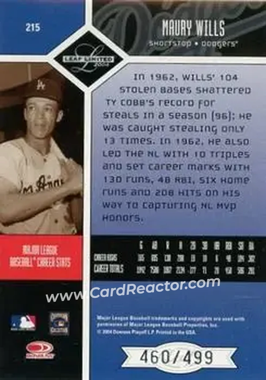 2004 Leaf Limited #215 - Maury Wills - Los Angeles Dodgers - Back