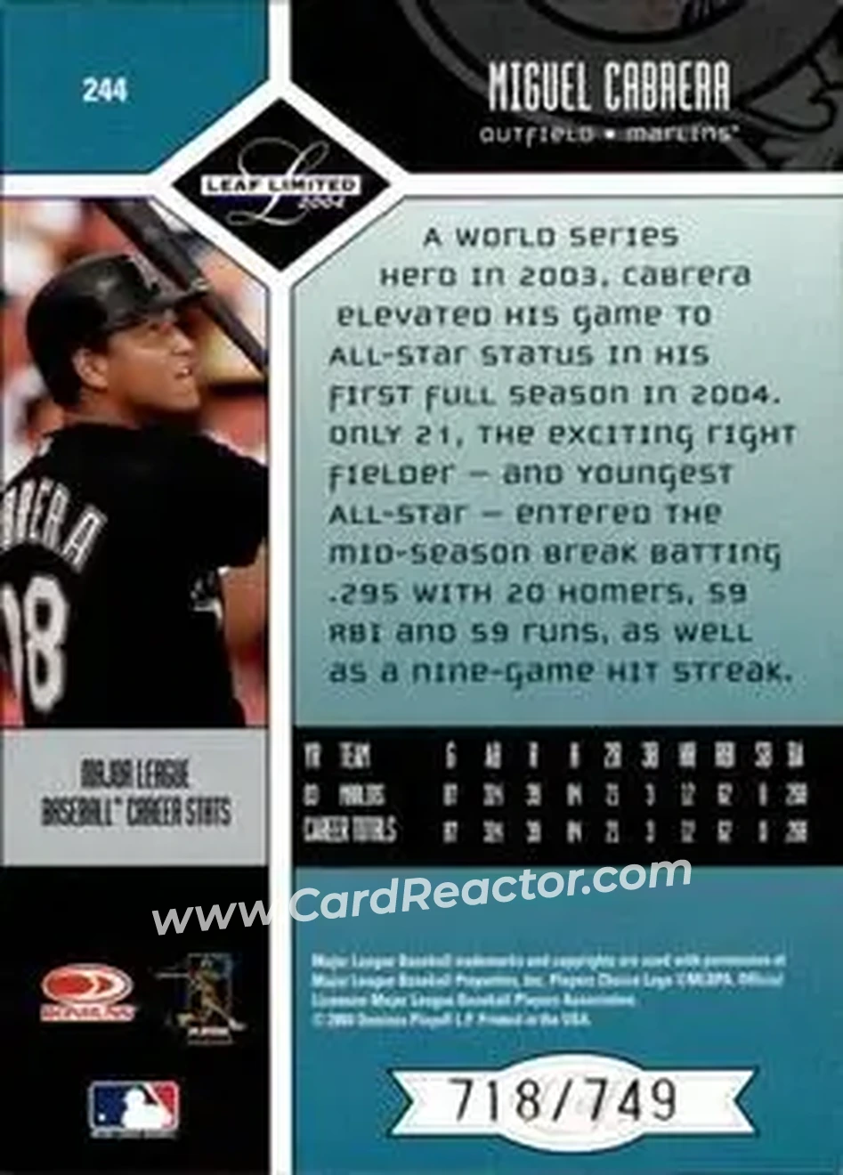 2004 Leaf Limited #244 - Miguel Cabrera - Florida Marlins - Back 2004 Leaf Limited #244 - Miguel Cabrera - Florida Marlins - Back