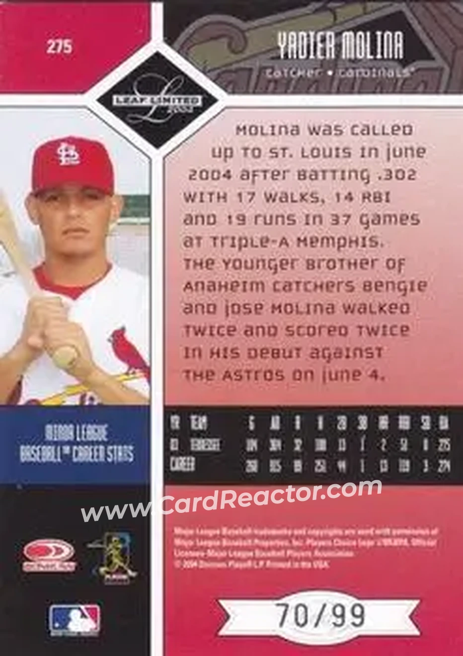 2004 Leaf Limited #275 - Yadier Molina - St. Louis Cardinals - Back