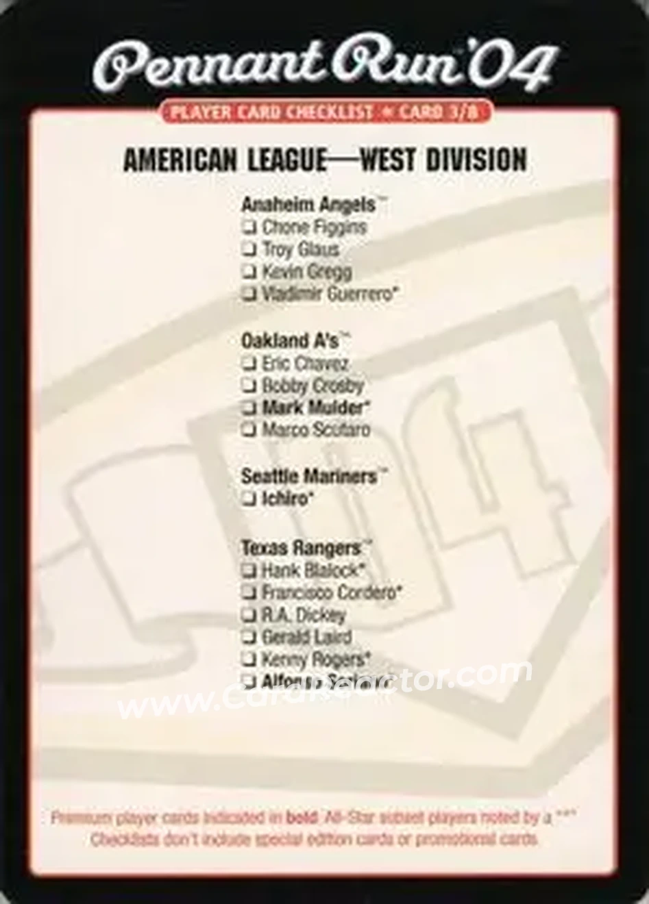 2004 MLB Showdown Pennant Run - Checklists #3 - American League West Division - Front
