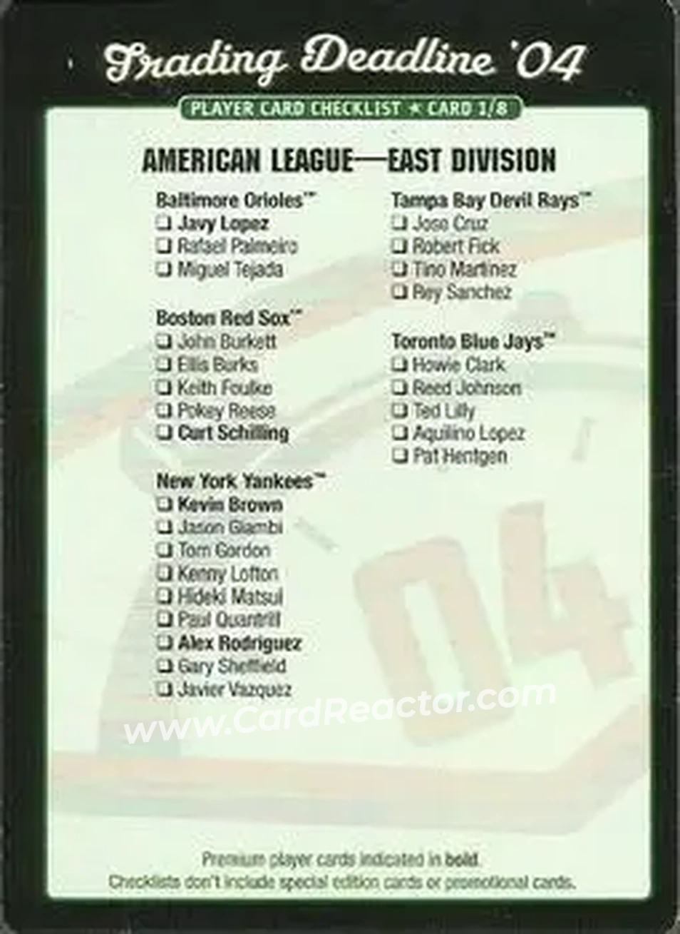 2004 MLB Showdown Trading Deadline - Checklists #1 - American League East Division - Front