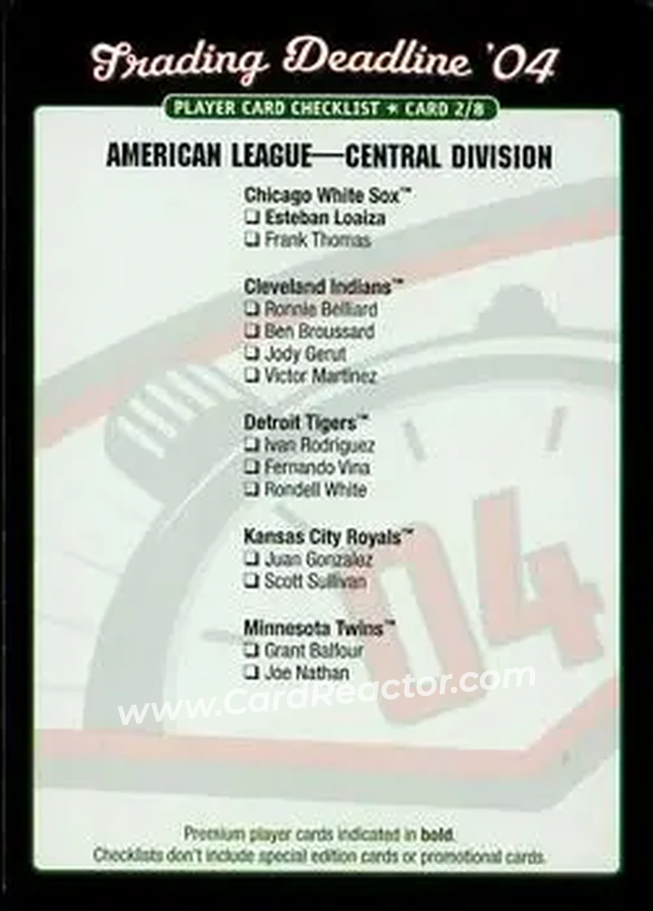 2004 MLB Showdown Trading Deadline - Checklists #2a - American League Central Division - Front
