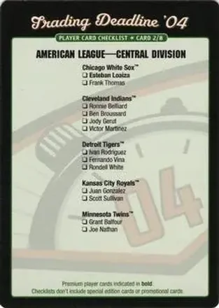 2004 MLB Showdown Trading Deadline - Checklists #2b - American League Central Division
