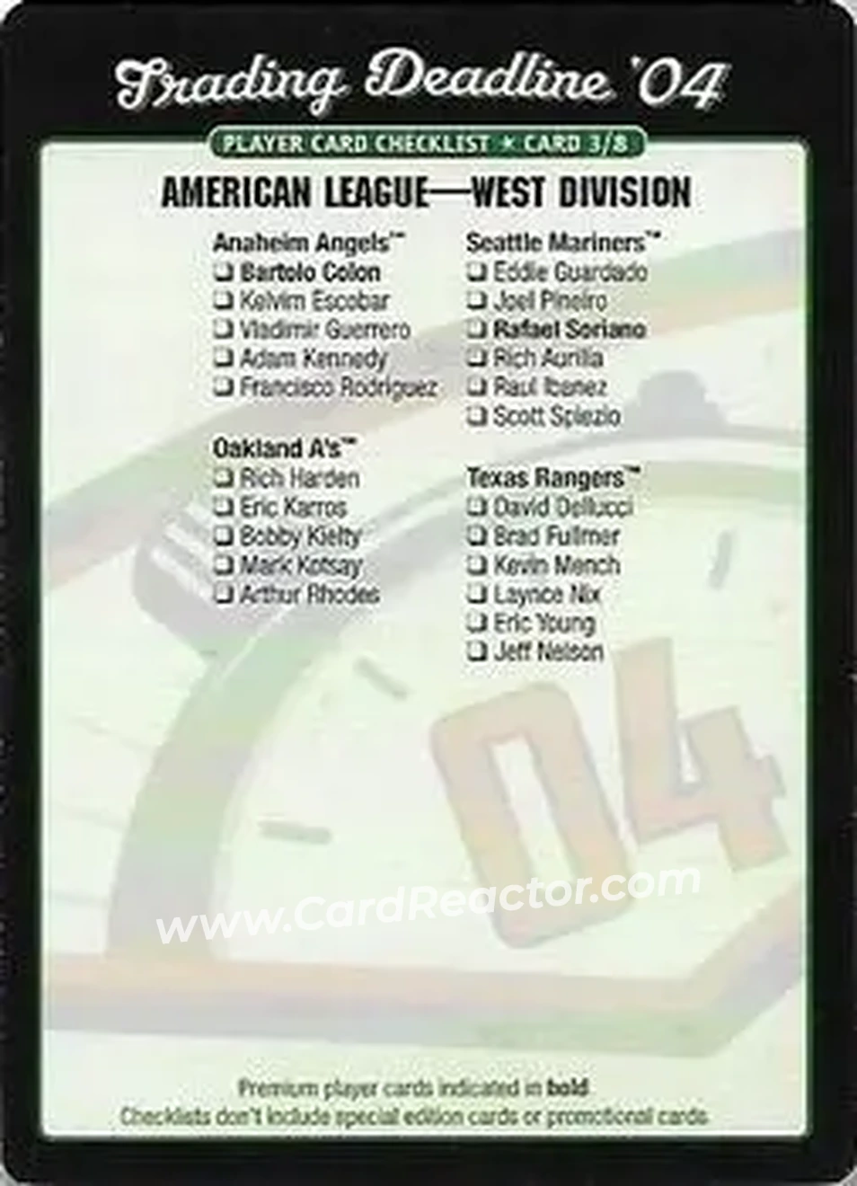2004 MLB Showdown Trading Deadline - Checklists #3a - American League West Division - Front