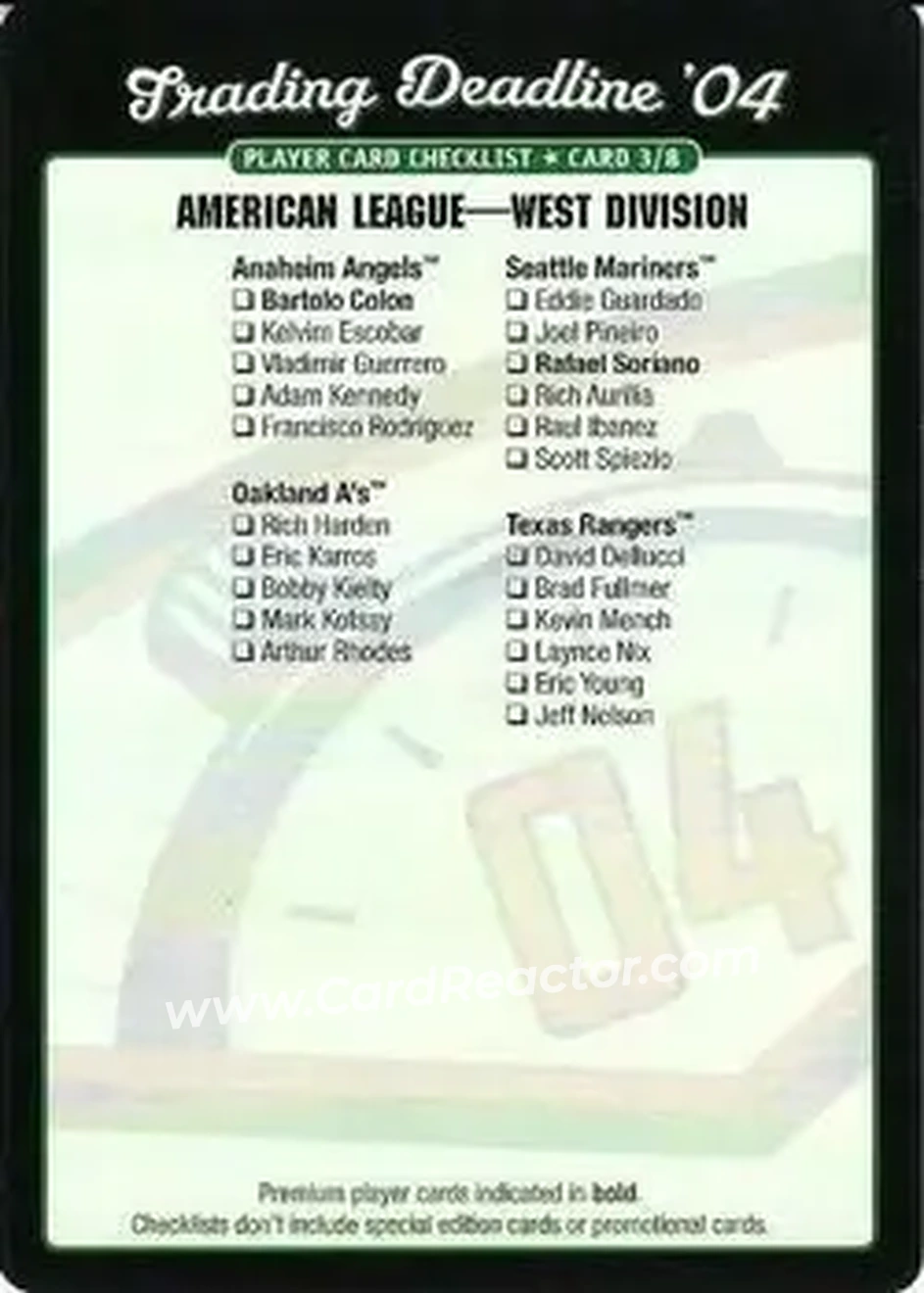 2004 MLB Showdown Trading Deadline - Checklists #3b - American League West Division - Front 2004 MLB Showdown Trading Deadline - Checklists #3b - American League West Division - Front