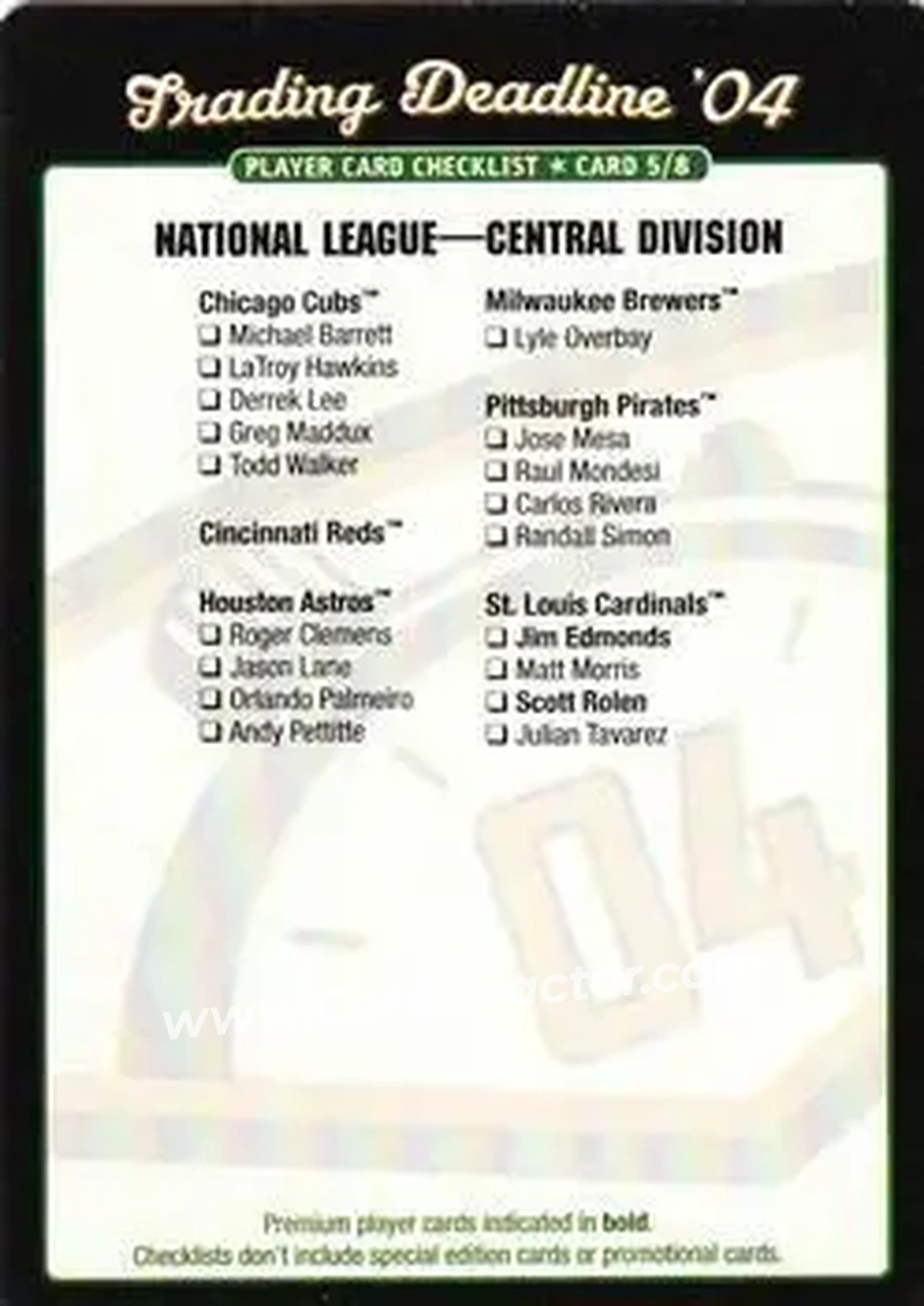 2004 MLB Showdown Trading Deadline - Checklists #5 - National League Central Division - Front