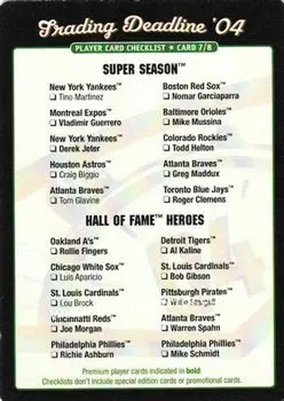 2004 MLB Showdown Trading Deadline - Checklists #7 - Super Season, Hall of Fame Heroes - Front