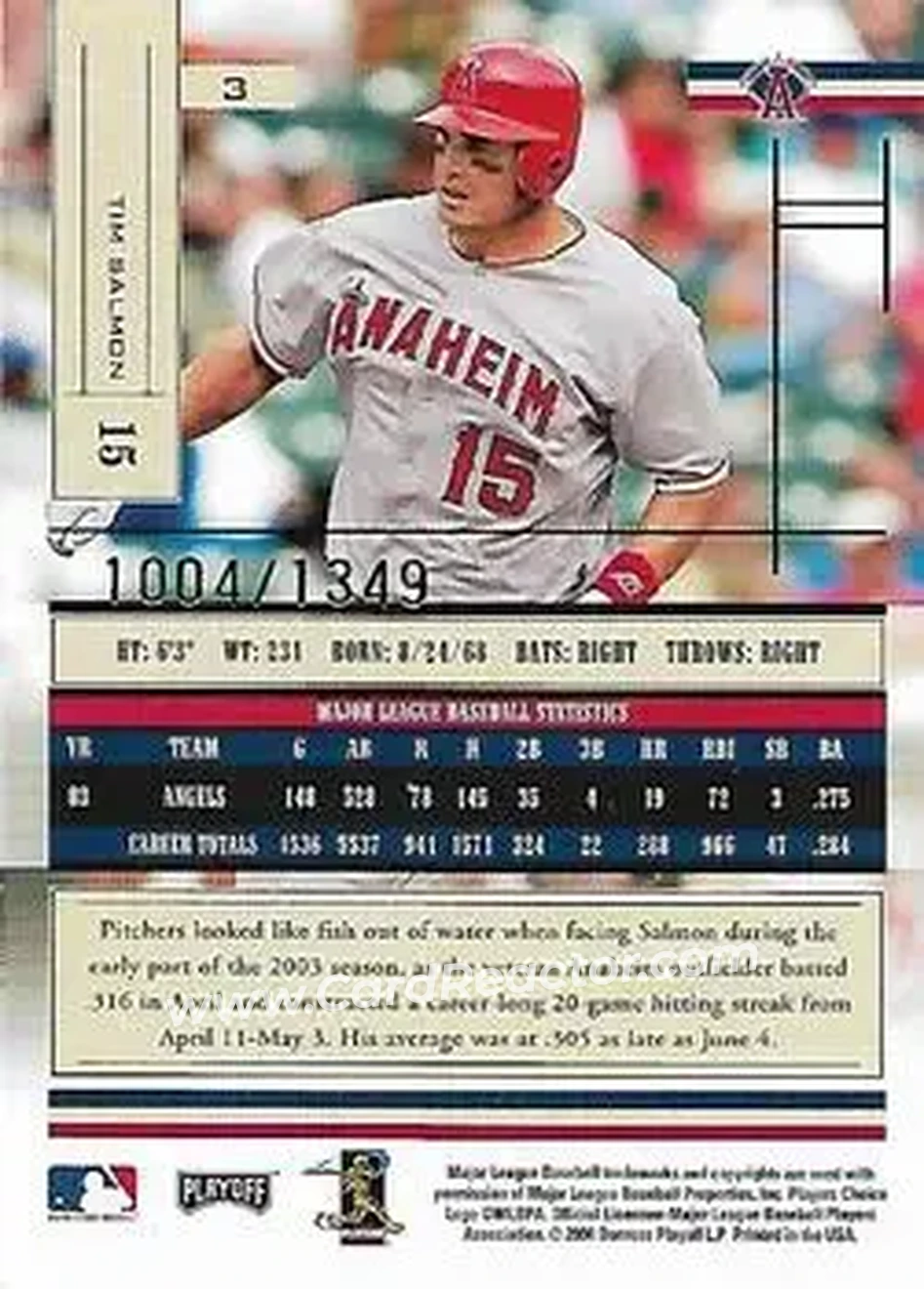 2004 Playoff Absolute Memorabilia #3 - Tim Salmon - Anaheim Angels - Back 2004 Playoff Absolute Memorabilia #3 - Tim Salmon - Anaheim Angels - Back