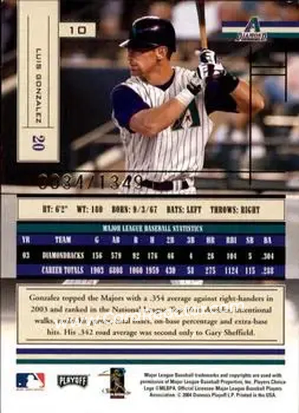 2004 Playoff Absolute Memorabilia #10 - Luis Gonzalez - Arizona Diamondbacks - Back