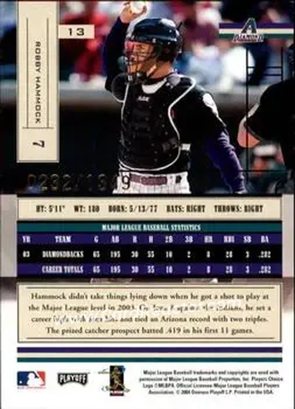 2004 Playoff Absolute Memorabilia #13 - Robby Hammock - Arizona Diamondbacks - Back 2004 Playoff Absolute Memorabilia #13 - Robby Hammock - Arizona Diamondbacks - Back
