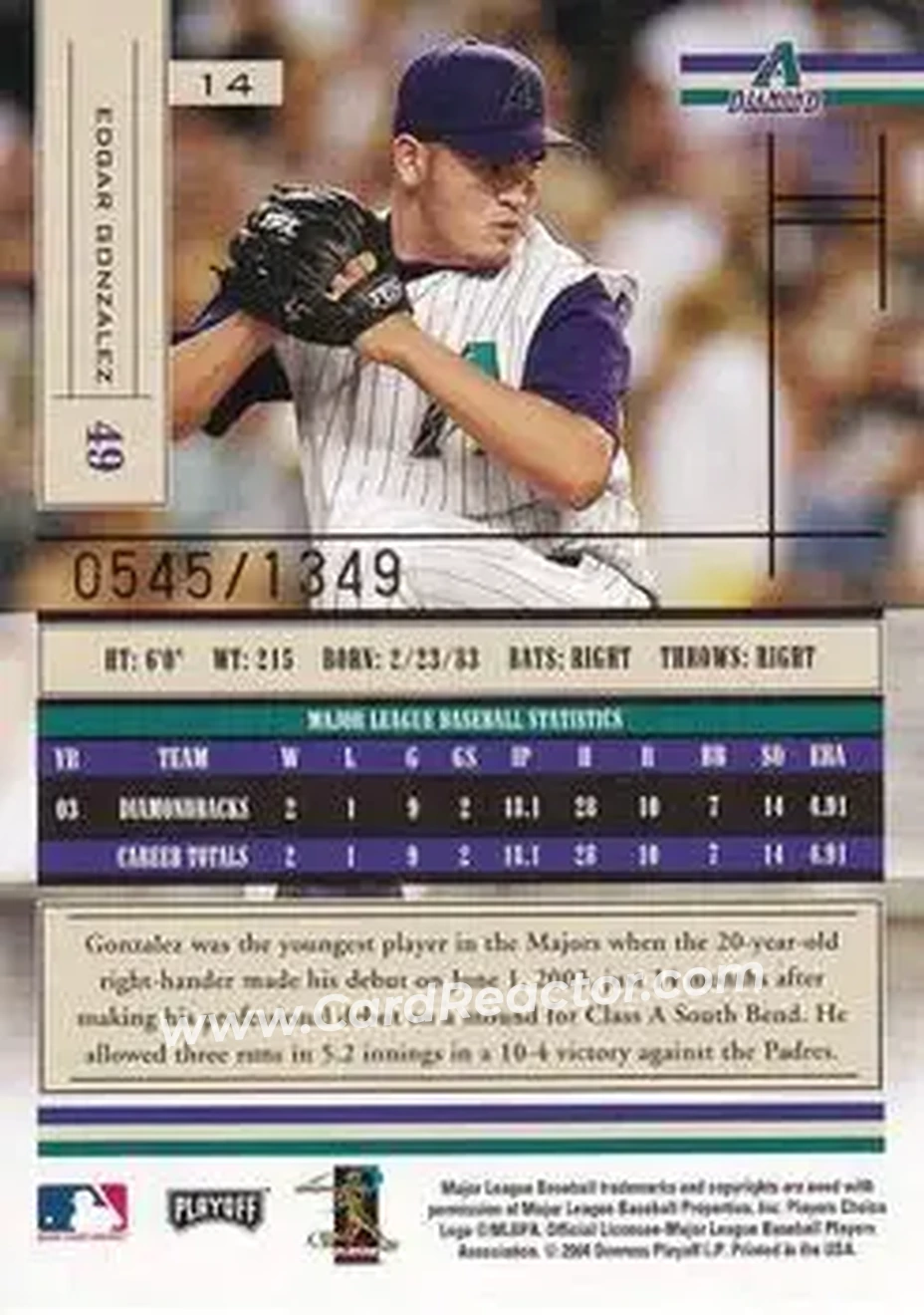 2004 Playoff Absolute Memorabilia #14 - Edgar Gonzalez - Arizona Diamondbacks - Back