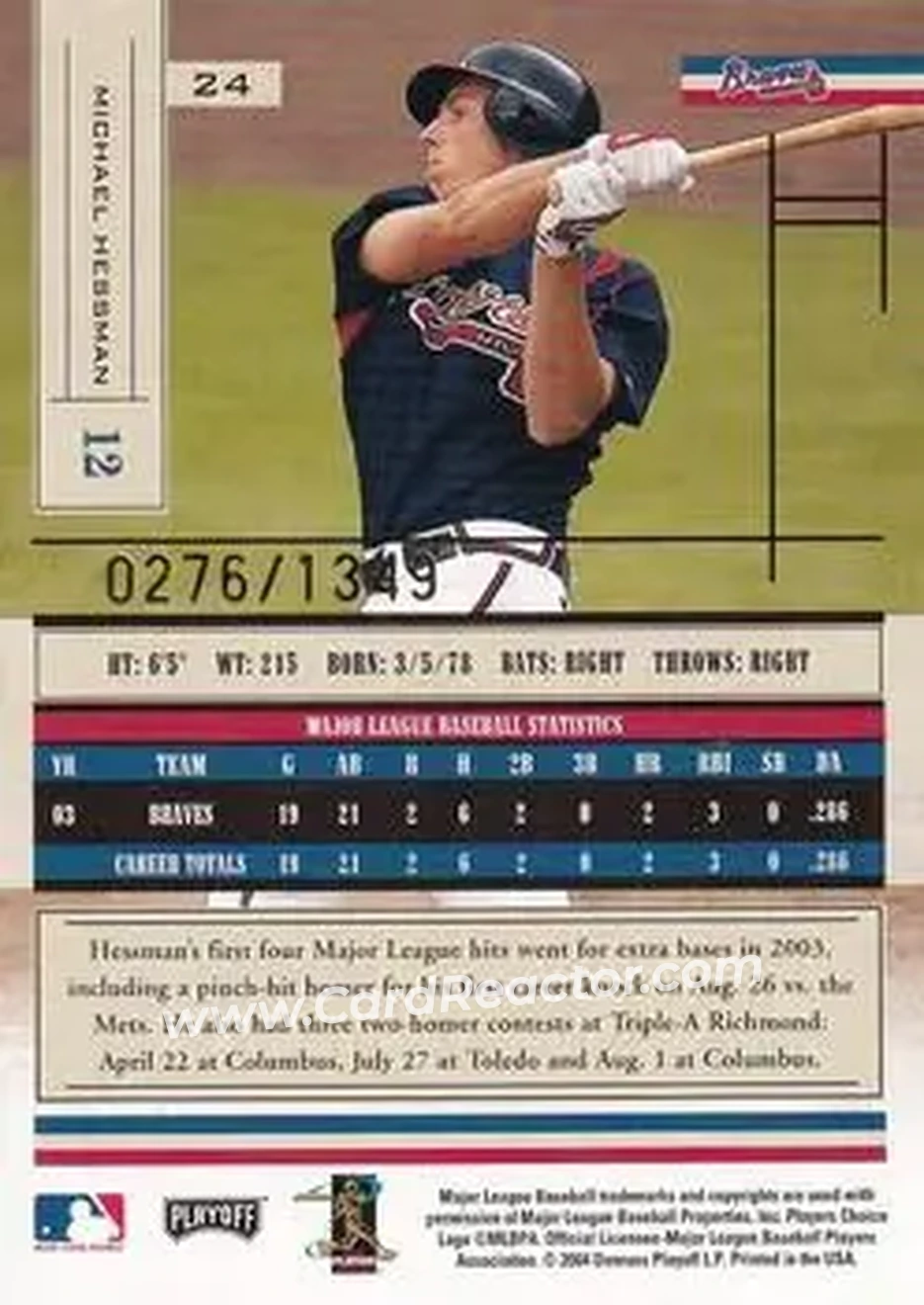 2004 Playoff Absolute Memorabilia #24 - Mike Hessman - Atlanta Braves - Back