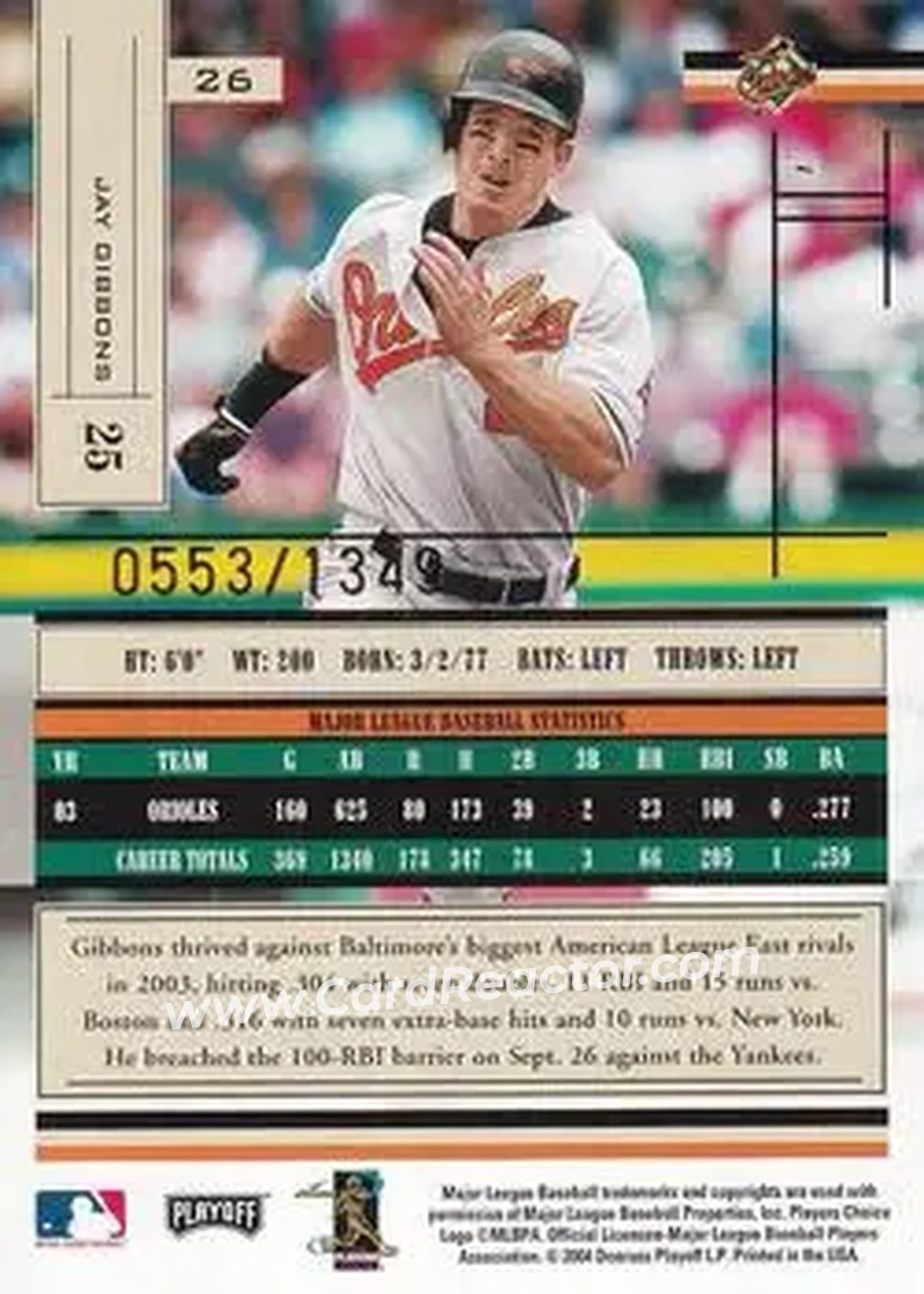 2004 Playoff Absolute Memorabilia #26 - Jay Gibbons - Baltimore Orioles - Back 2004 Playoff Absolute Memorabilia #26 - Jay Gibbons - Baltimore Orioles - Back