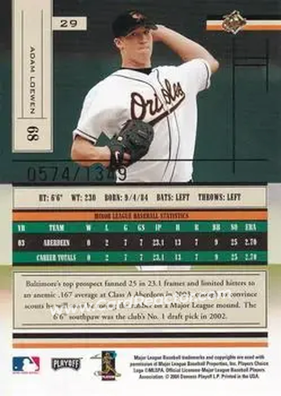 2004 Playoff Absolute Memorabilia #29 - Adam Loewen - Baltimore Orioles - Back